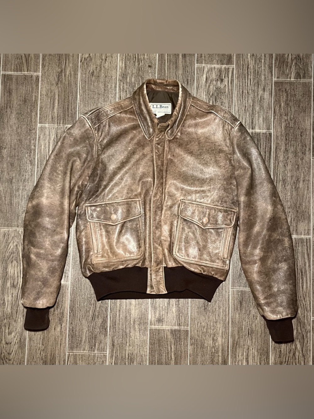 VTG LL Bean Flying Tiger Jacket Mens Size 38 Brown Leather Bomber USA Made
